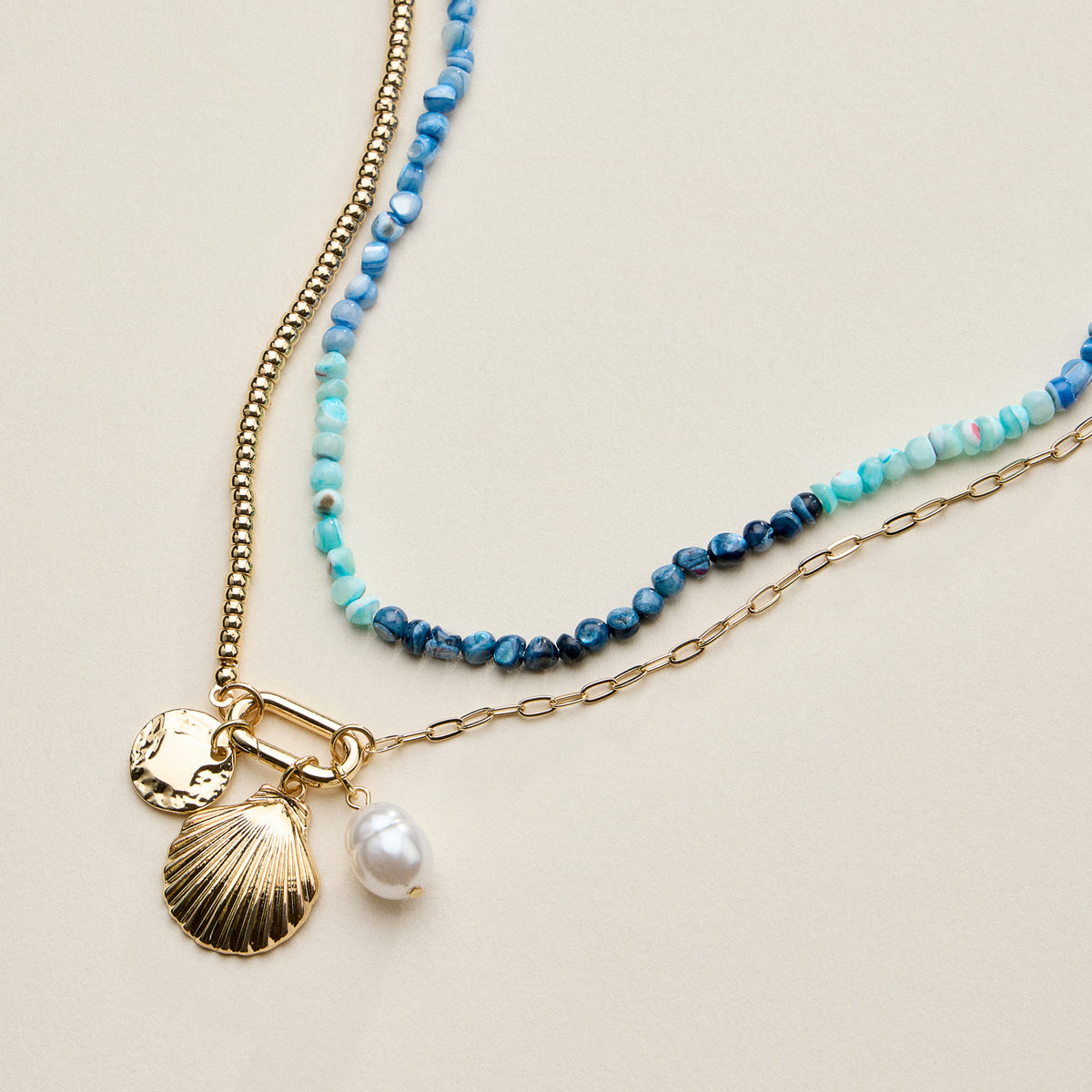 Gold Shell Charm Layered Beaded Necklace