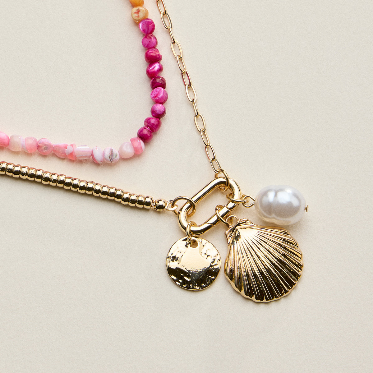 Gold Shell Charm Layered Beaded Necklace