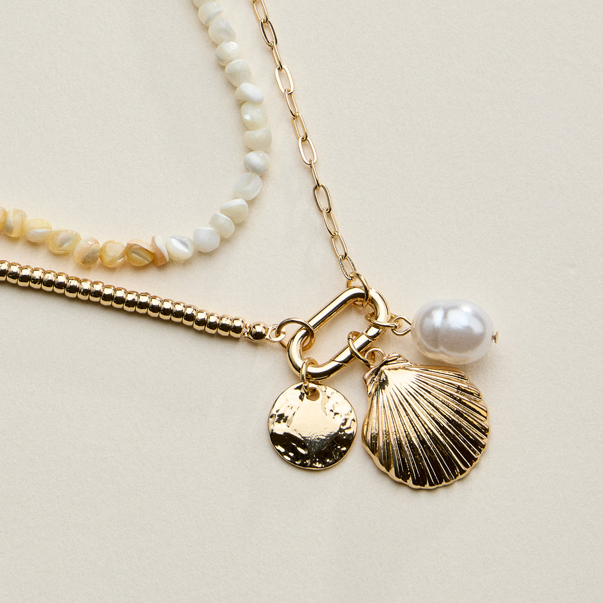 Gold Shell Charm Layered Beaded Necklace