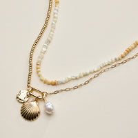 Gold Shell Charm Layered Beaded Necklace