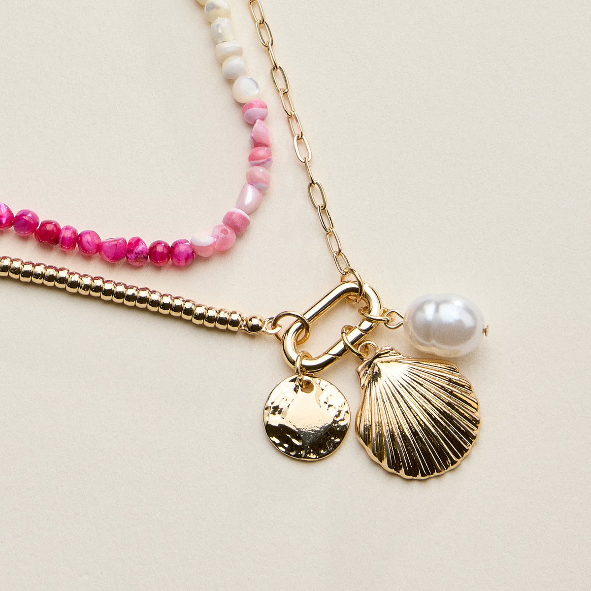 Gold Shell Charm Layered Beaded Necklace
