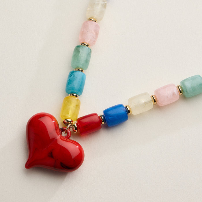 Colorful Beaded Heart Necklace – Multi-Color Barrel Bead Statement Necklace for Women
