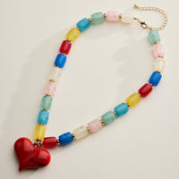 Colorful Beaded Heart Necklace – Multi-Color Barrel Bead Statement Necklace for Women