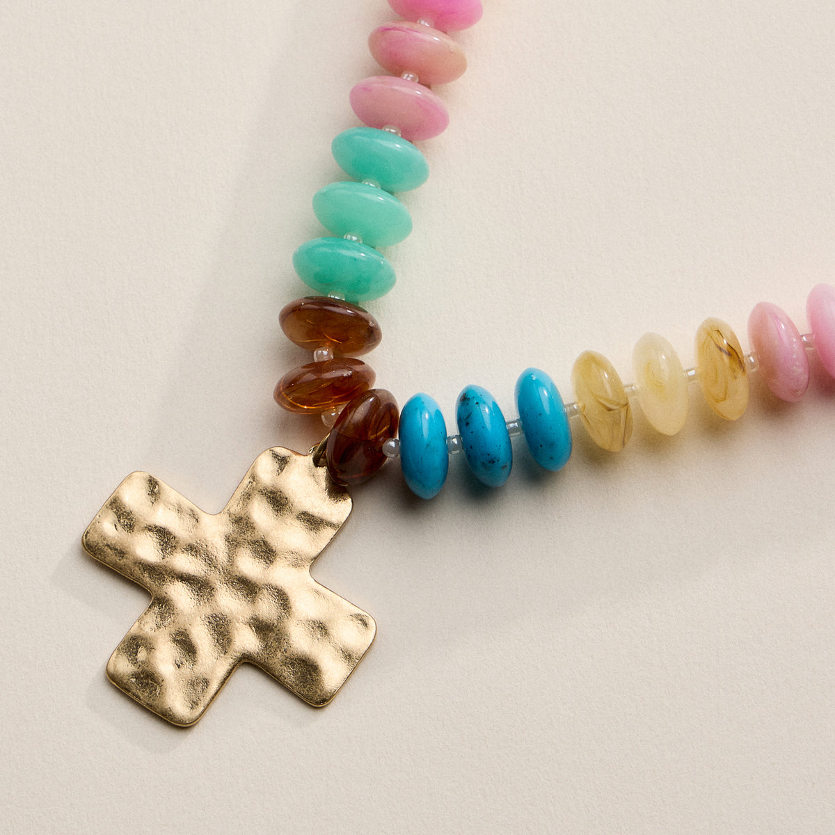 Beaded Cross Pendant Necklace for Women – Colorful Bead Necklace with Gold Cross Charm