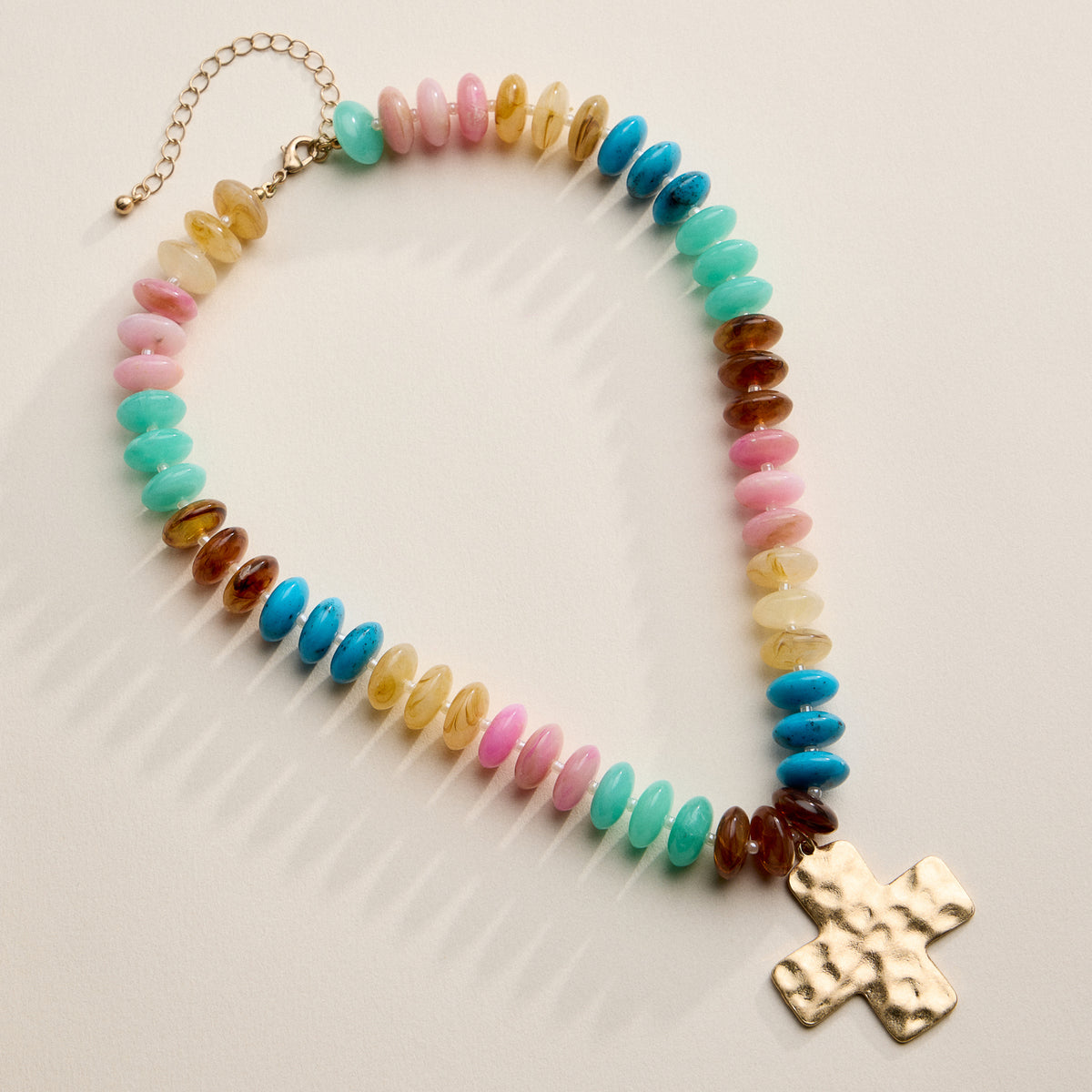 Beaded Cross Pendant Necklace for Women – Colorful Bead Necklace with Gold Cross Charm