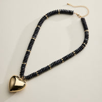 Gold Heart Pendant Beaded Necklace – Colorful Stone Choker with Adjustable Chain