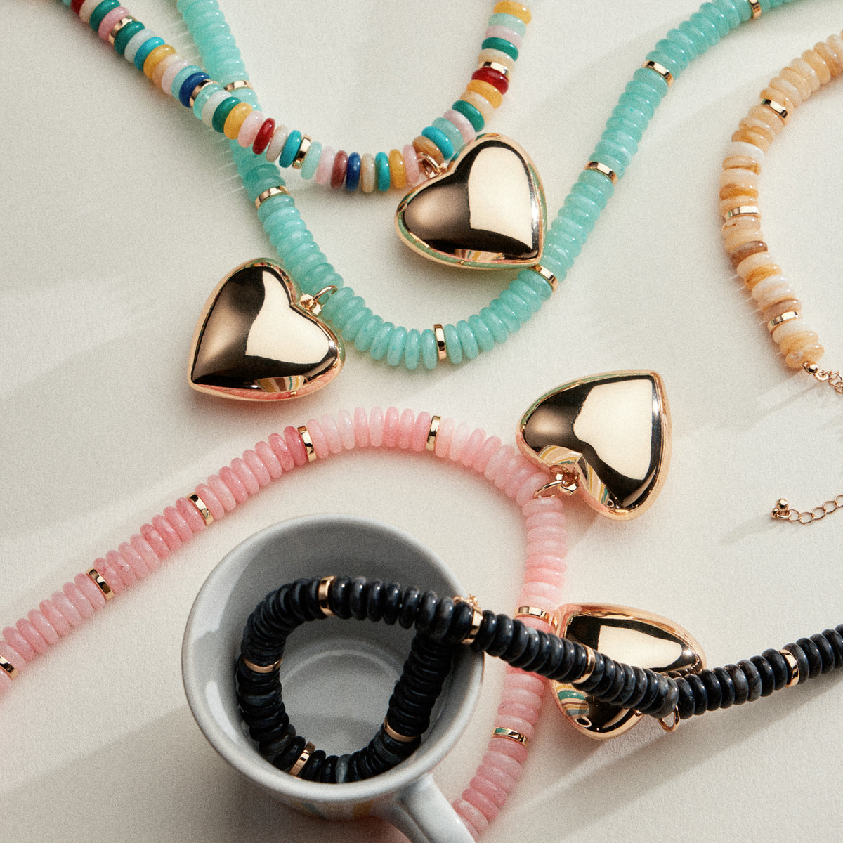 Gold Heart Pendant Beaded Necklace – Colorful Stone Choker with Adjustable Chain