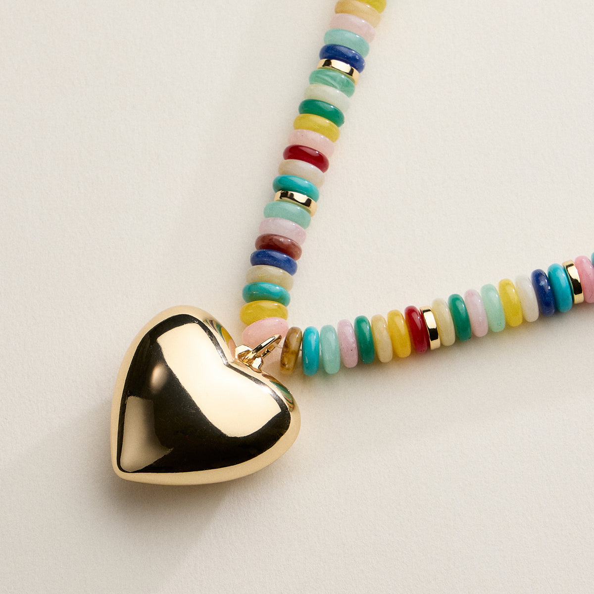 Gold Heart Pendant Beaded Necklace – Colorful Stone Choker with Adjustable Chain