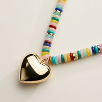 Gold Heart Pendant Beaded Necklace – Colorful Stone Choker with Adjustable Chain