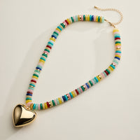 Gold Heart Pendant Beaded Necklace – Colorful Stone Choker with Adjustable Chain
