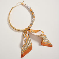 Gold Beaded Necklace with Silk Scarf Tie – Adjustable Chain Statement Neck Piece for Women