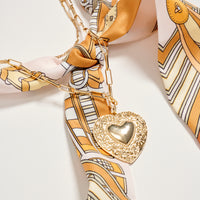 Gold Heart Pendant Scarf Necklace – Silk Tie Chain Necklace with Vintage Heart Charm