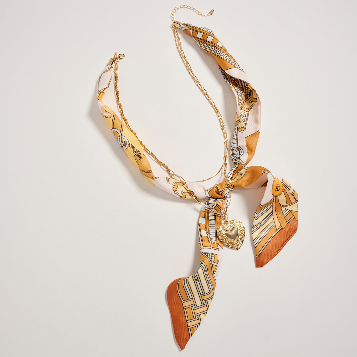 Gold Heart Pendant Scarf Necklace – Silk Tie Chain Necklace with Vintage Heart Charm