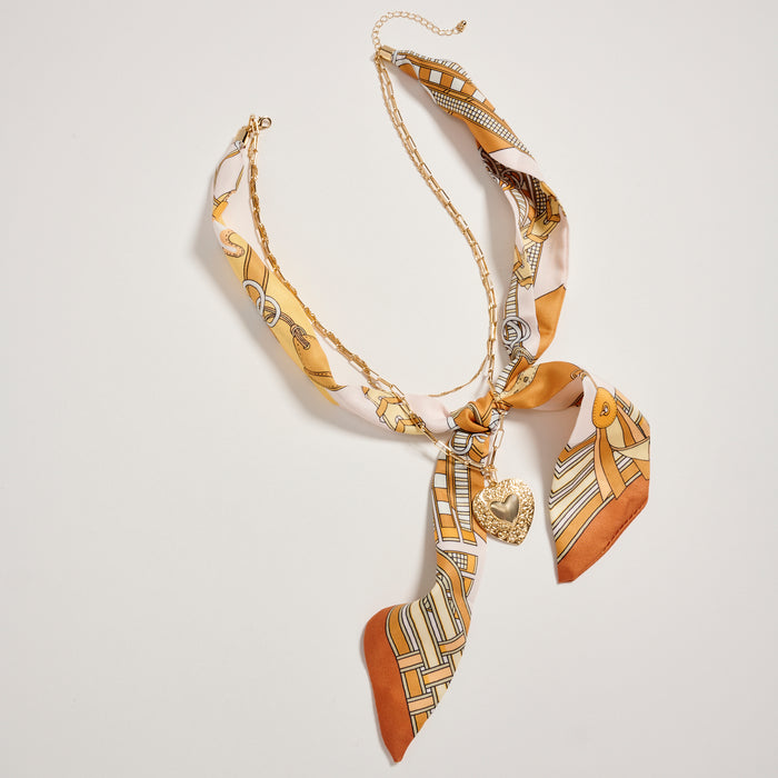 Gold Heart Pendant Scarf Necklace – Silk Tie Chain Necklace with Vintage Heart Charm