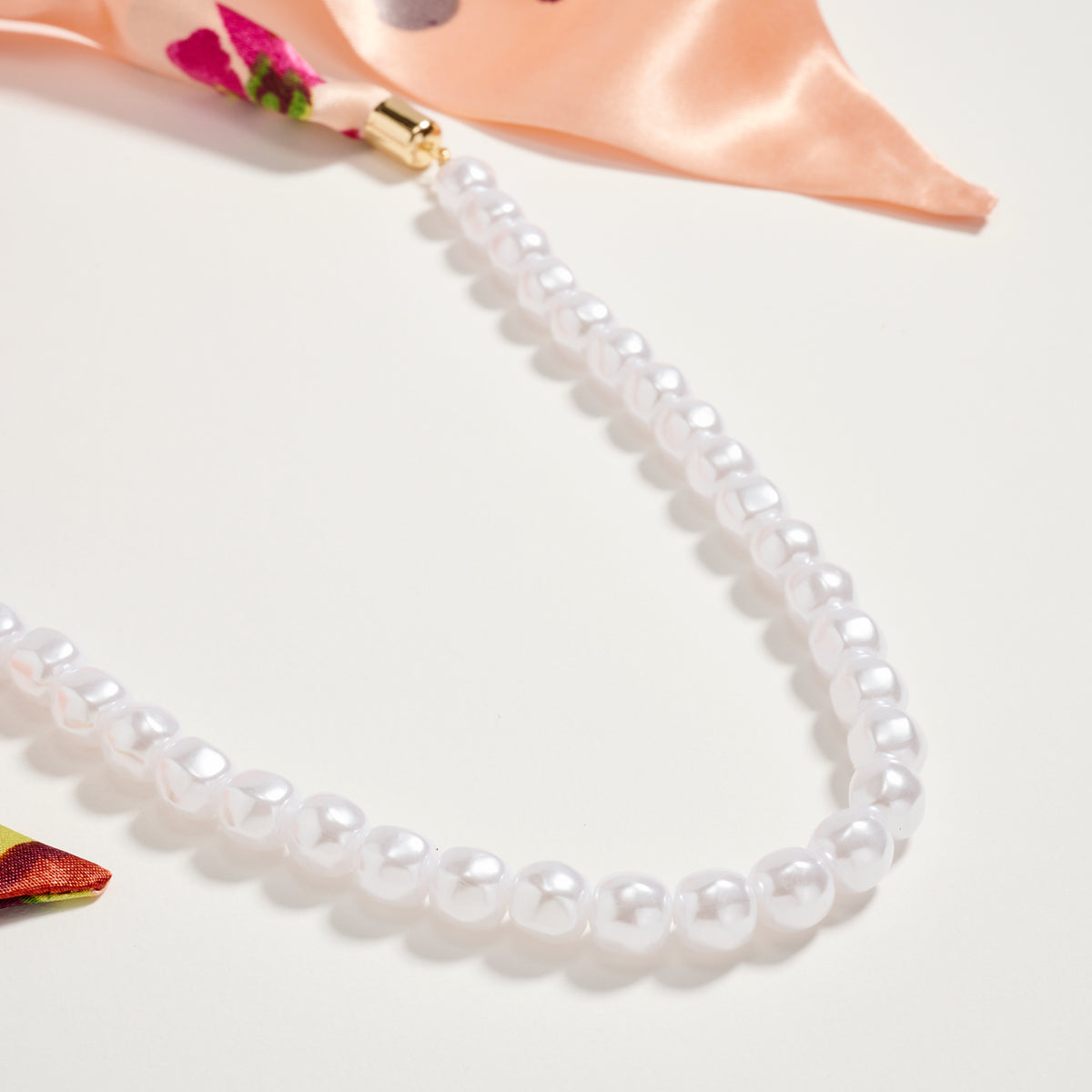Peach Floral Scarf Pearl Necklace – Silk Tie Statement Necklace with Classic White Pearls