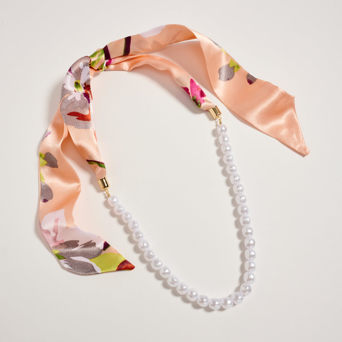 Peach Floral Scarf Pearl Necklace – Silk Tie Statement Necklace with Classic White Pearls
