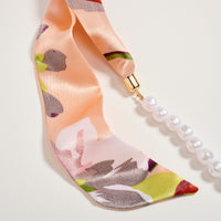 Peach Floral Scarf Pearl Necklace – Silk Tie Statement Necklace with Classic White Pearls