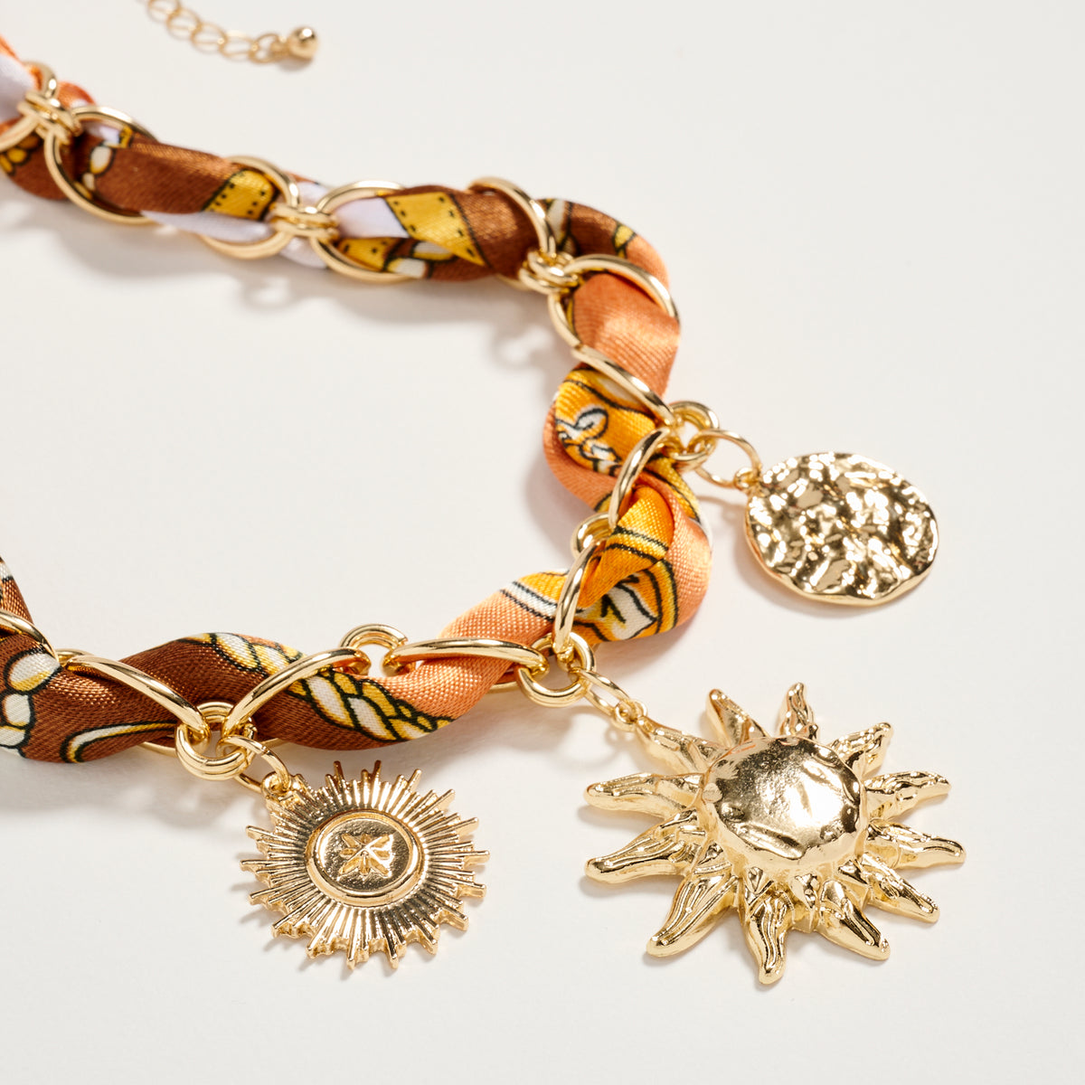 Gold Sun Charm Scarf Necklace – Brown Silk Chain Statement Necklace for Women