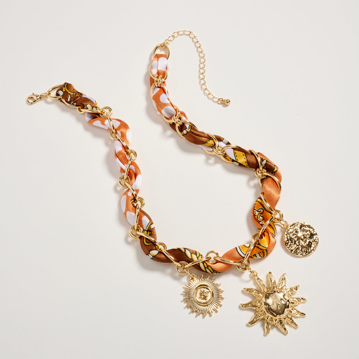 Gold Sun Charm Scarf Necklace – Brown Silk Chain Statement Necklace for Women