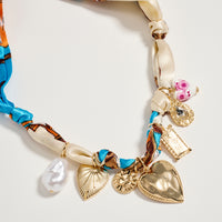 Blue & Ivory Charm Scarf Necklace – Gold Heart & Pearl Statement Tie Necklace