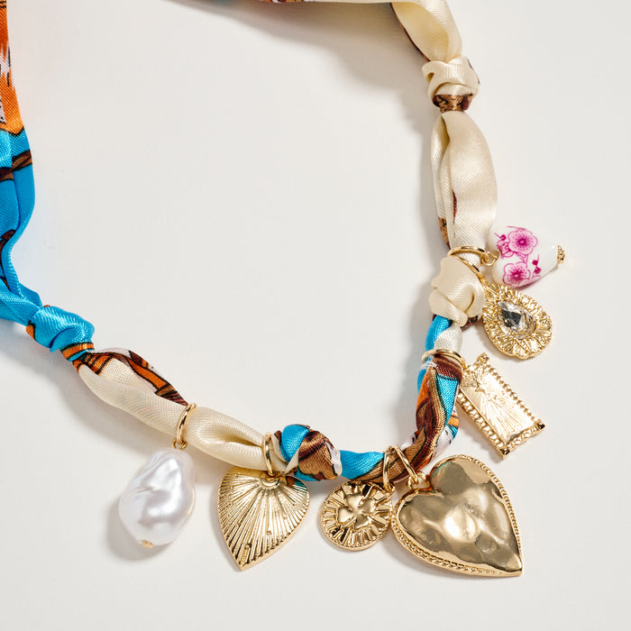 Blue & Ivory Charm Scarf Necklace – Gold Heart & Pearl Statement Tie Necklace
