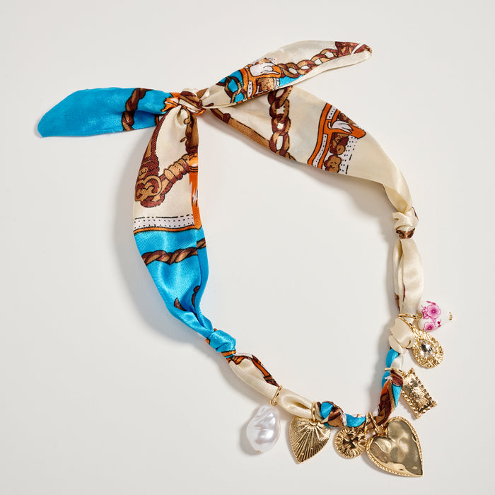 Blue & Ivory Charm Scarf Necklace – Gold Heart & Pearl Statement Tie Necklace
