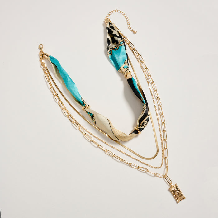 Layered Gold Chain Scarf Necklace – Turquoise Silk Multi-Strand Pendant Necklace