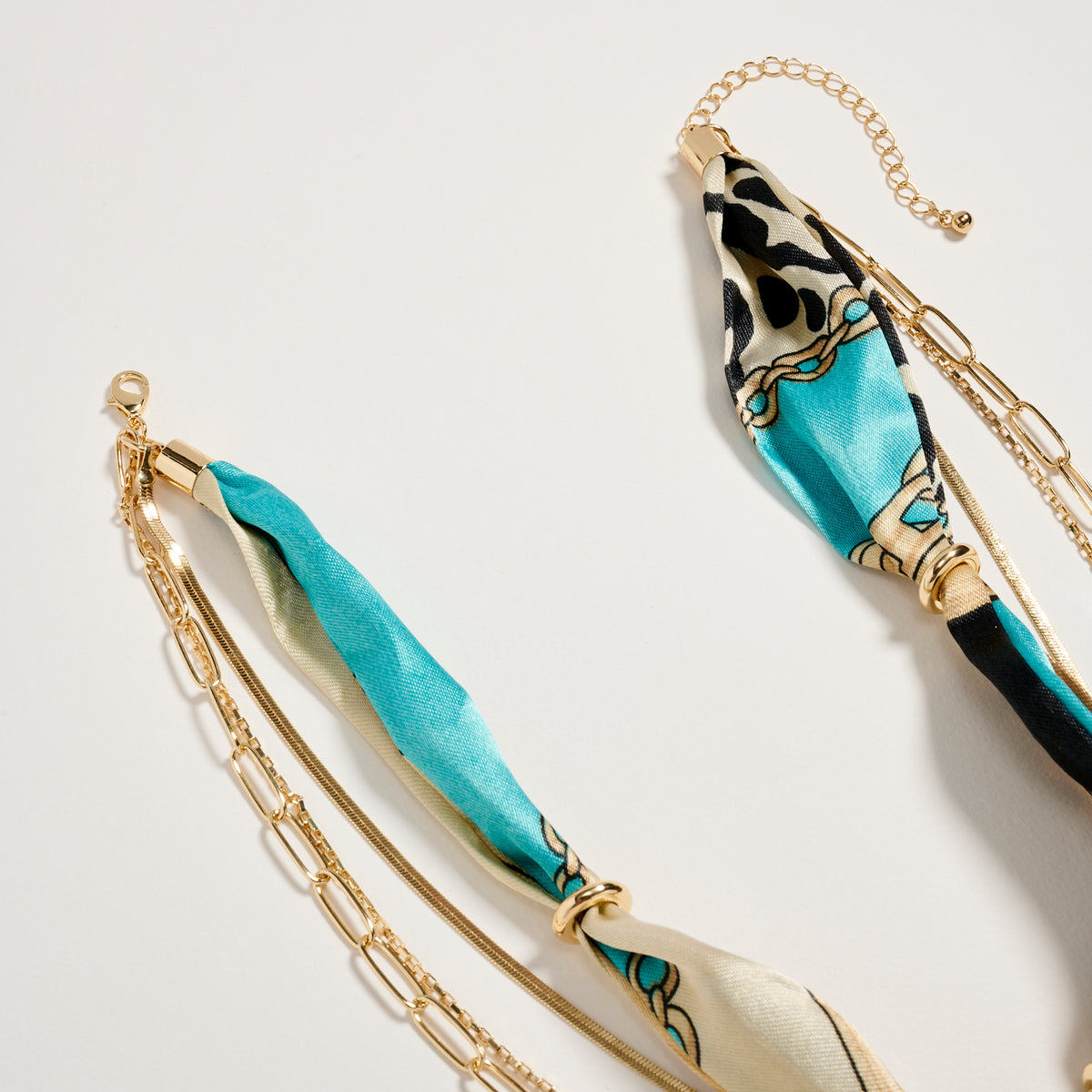 Layered Gold Chain Scarf Necklace – Turquoise Silk Multi-Strand Pendant Necklace