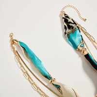 Layered Gold Chain Scarf Necklace – Turquoise Silk Multi-Strand Pendant Necklace