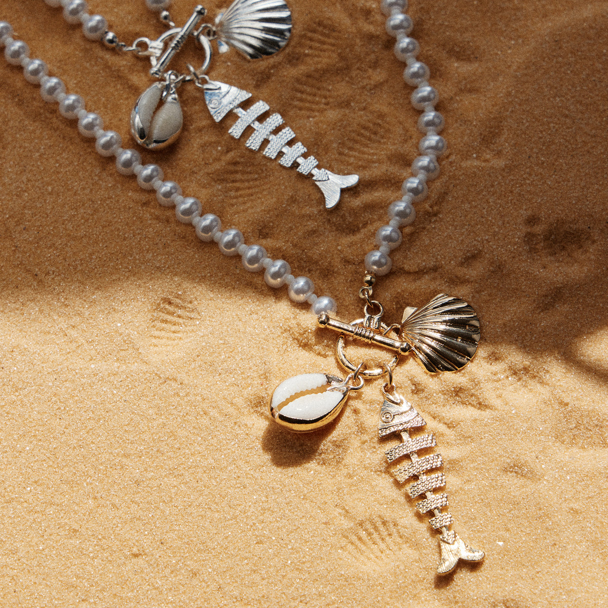 Pearl Charm Necklace — Shell & Fish Pendant