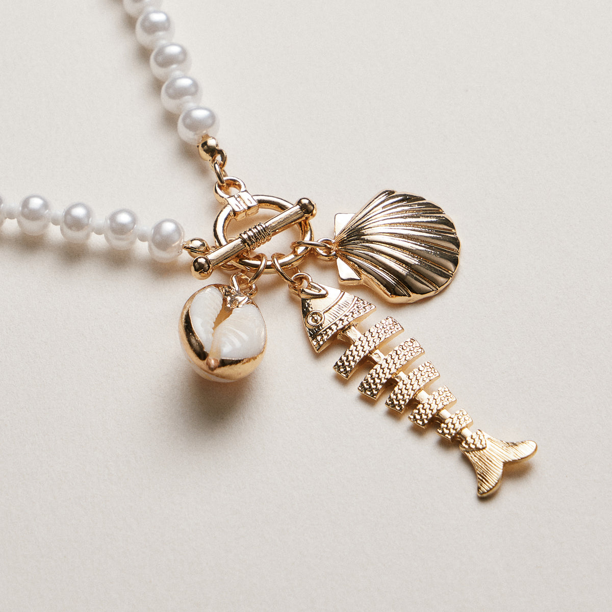 Pearl Charm Necklace — Shell & Fish Pendant