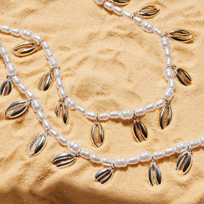 Pearl Cowrie Shell Charm Necklace—Coastal Beach