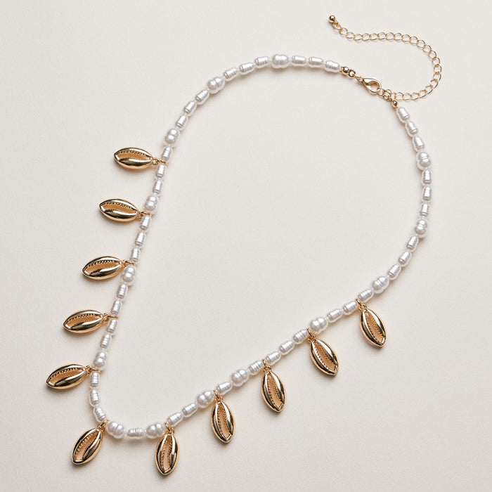 Pearl Cowrie Shell Charm Necklace—Coastal Beach