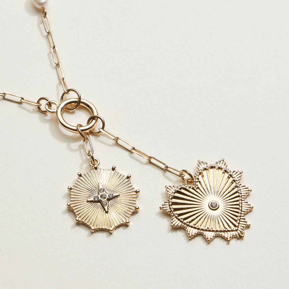 Pearl Chain Double Sun and Heart Charm Necklace | Oversized Layered Necklace
