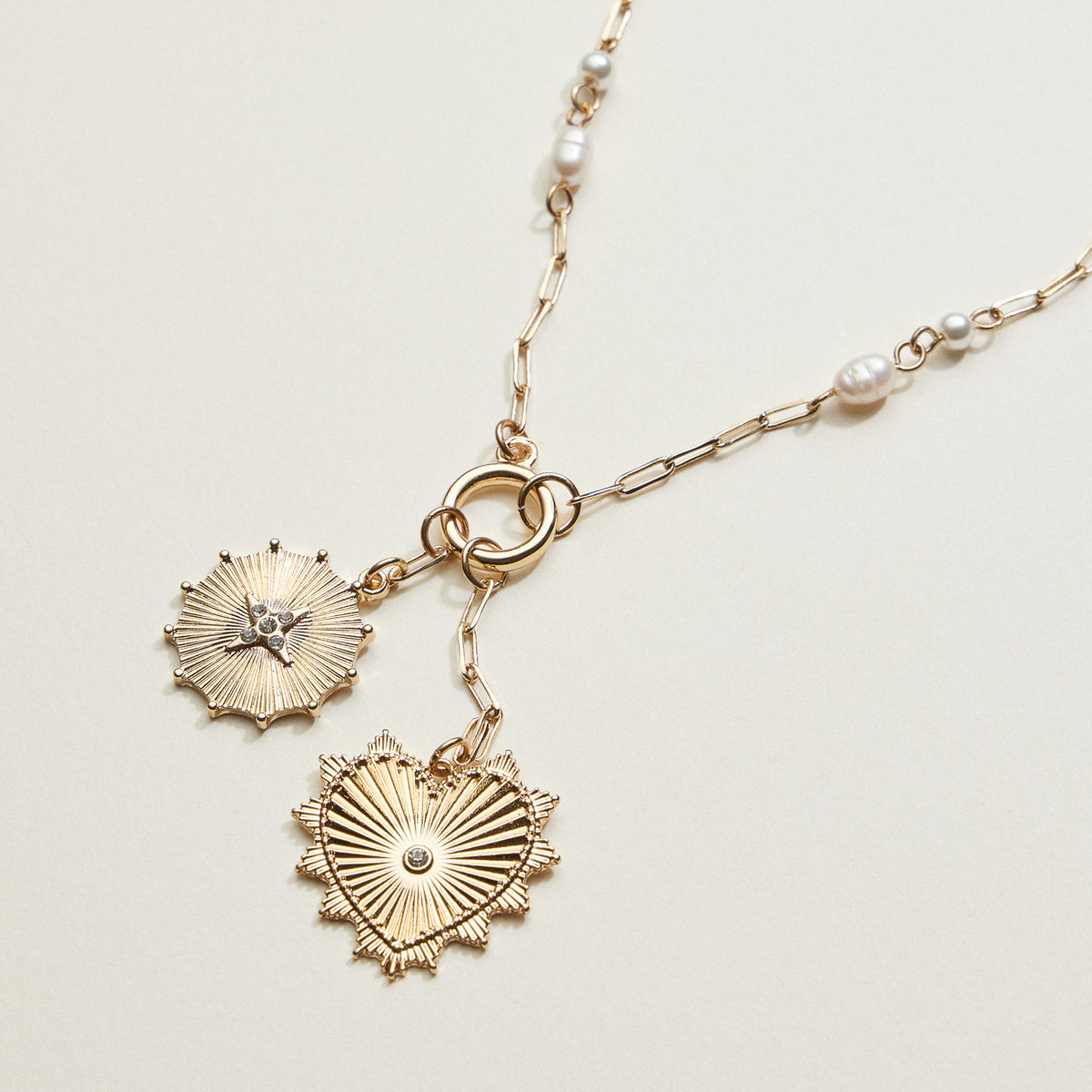 Pearl Chain Double Sun and Heart Charm Necklace | Oversized Layered Necklace