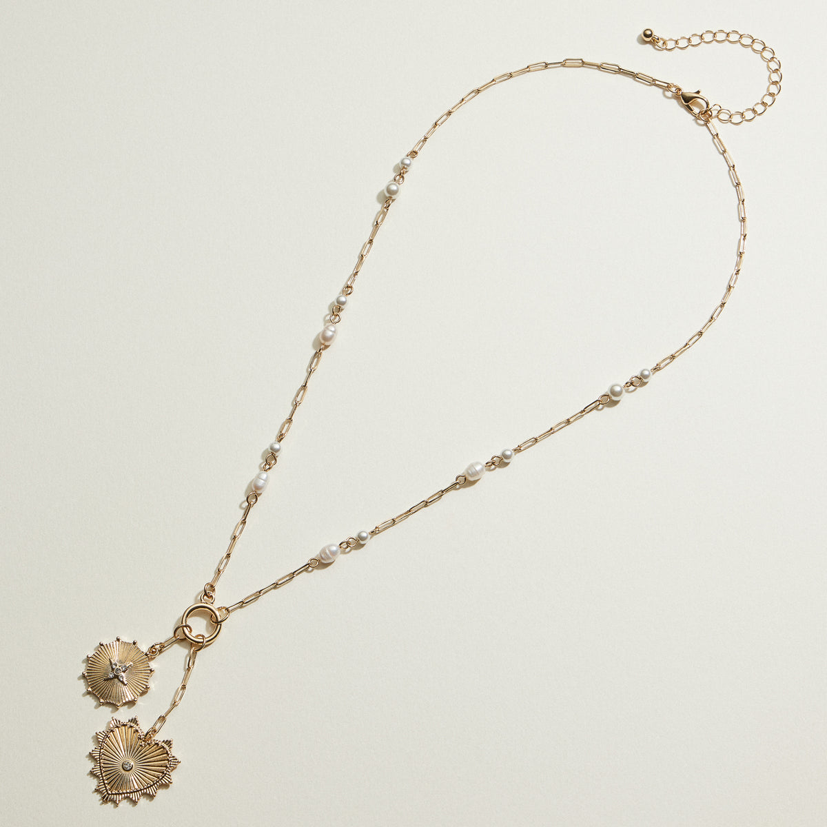 Pearl Chain Double Sun and Heart Charm Necklace | Oversized Layered Necklace