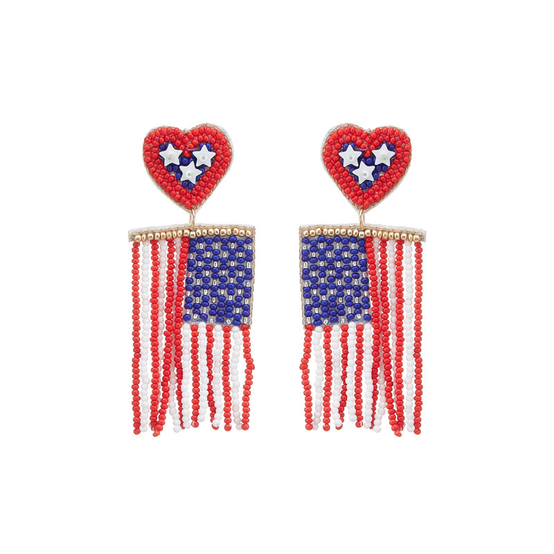 July Fourth National Flag Tassel Seed Bead Earrings