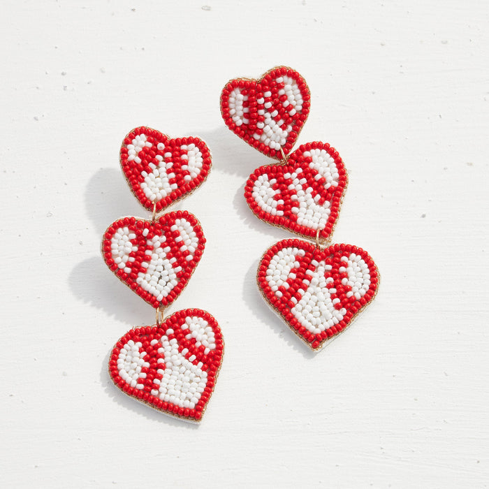 Baseball Heart Seed Bead Drop Earrings