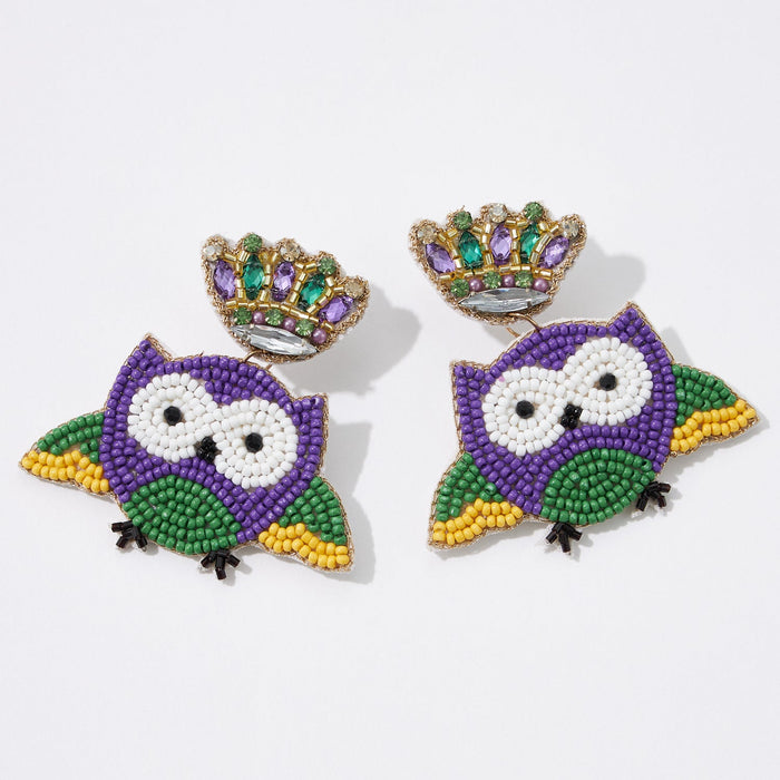 Mardi Gras Owl Beaded Earrings