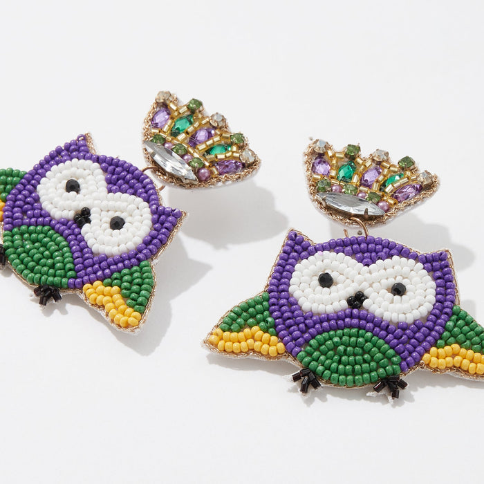 Mardi Gras Owl Beaded Earrings