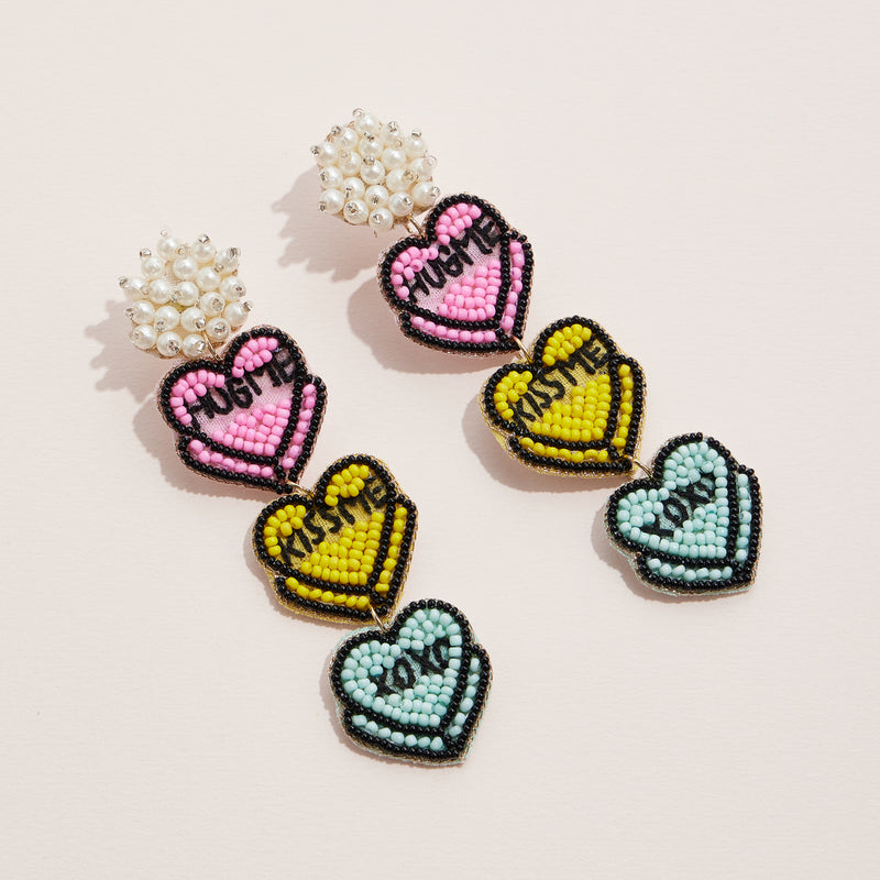Beaded Candy Heart Statement Earrings