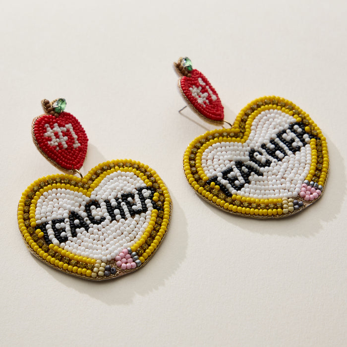 Beaded Teacher Heart Drop Earrings with Apple Stud