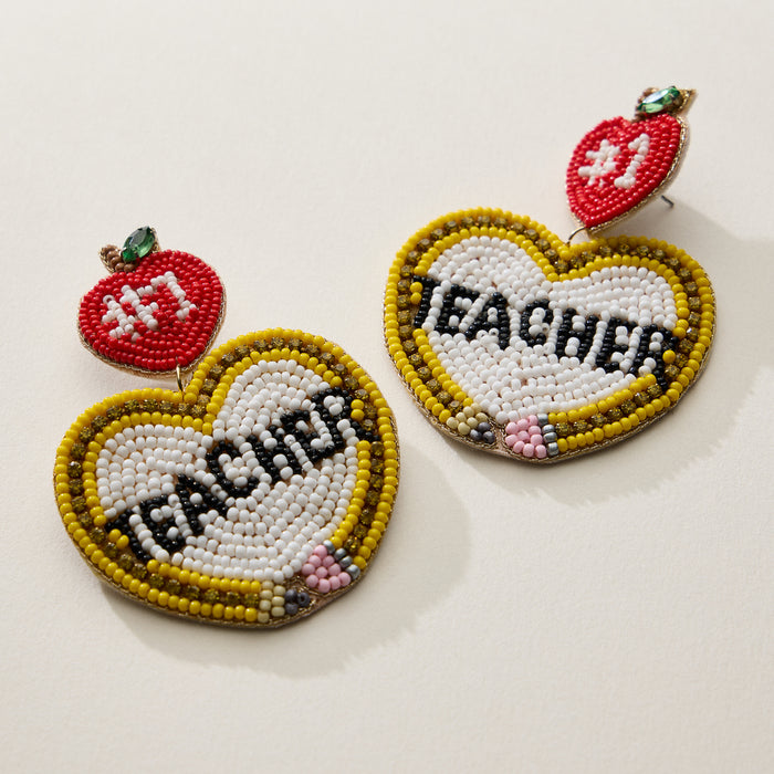 Beaded Teacher Heart Drop Earrings with Apple Stud