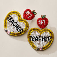 Beaded Teacher Heart Drop Earrings with Apple Stud