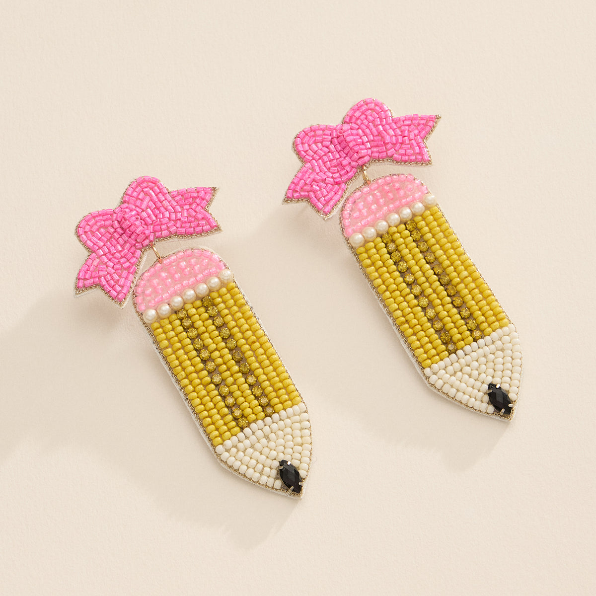 Beaded Pencil Earrings with Pink Bow – Handmade Teacher Jewelry - Back To School Earrings - Perfect Gift For Teacher and Educators