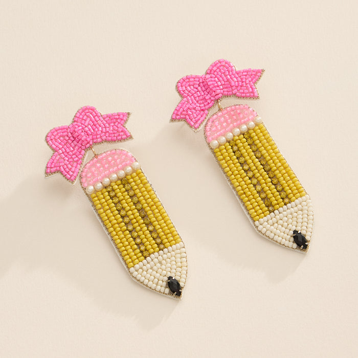 Beaded Pencil Earrings with Pink Bow – Handmade Teacher Jewelry - Back To School Earrings - Perfect Gift For Teacher and Educators