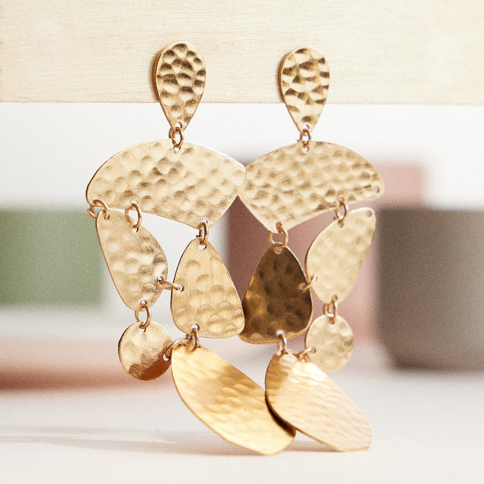 Gold-Tone Brass Hammered Statement Earrings – Bold Geometric Dangle Earrings