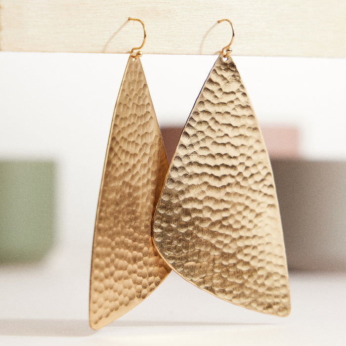Gold-Tone Hammered Teardrop Earrings – Bold Geometric Dangle Earrings