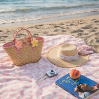 Pink Checkered Floral Beach Blanket – Soft Lightweight Picnic & Summer Towel