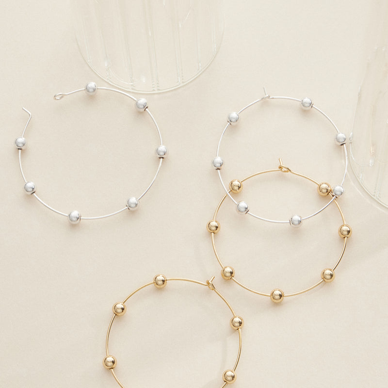 Minimalist Beaded Hoop Earrings in Silver and Gold - Lightweight Modern Jewelry
